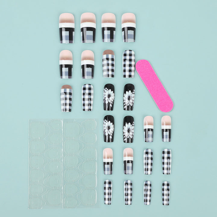 Creative artificial nails with stylish checkered patterns and floral design Stornfield