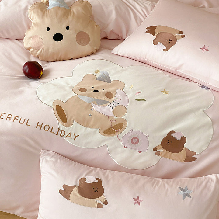 Children's Bear-Illustration Cotton-Blend Duvet Cover Set with Plush Cloud Cushion & Pillowcases