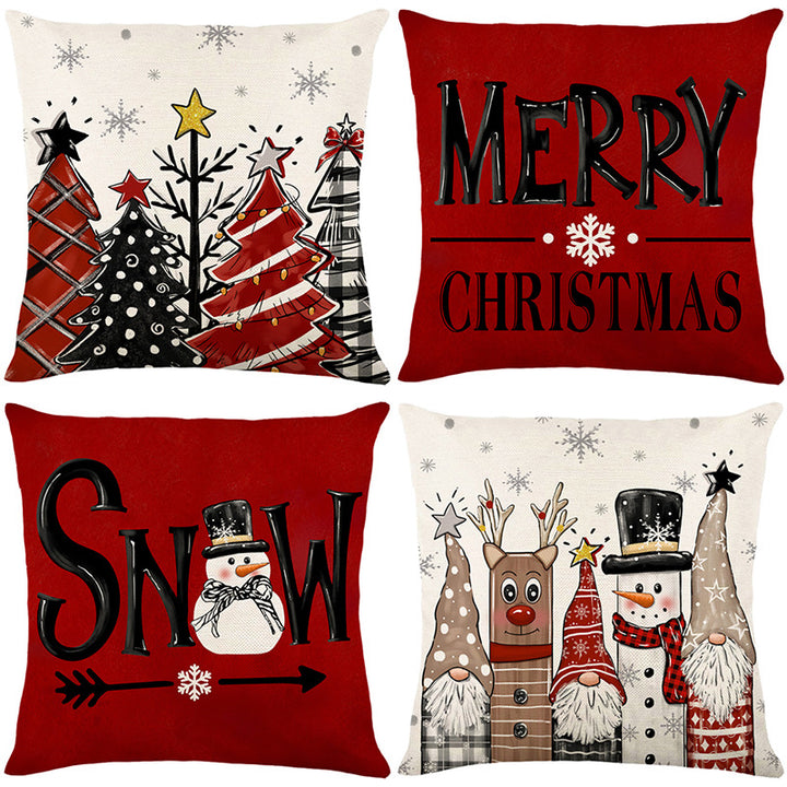 Decorative Holiday Linen-Texture Cushion Cover with Gnome Reindeer Snowman Illustration