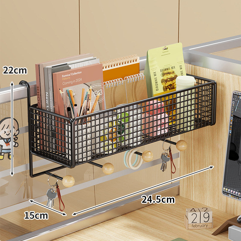 Desk Rail-Mounted Mesh Organizer Basket with Hooks