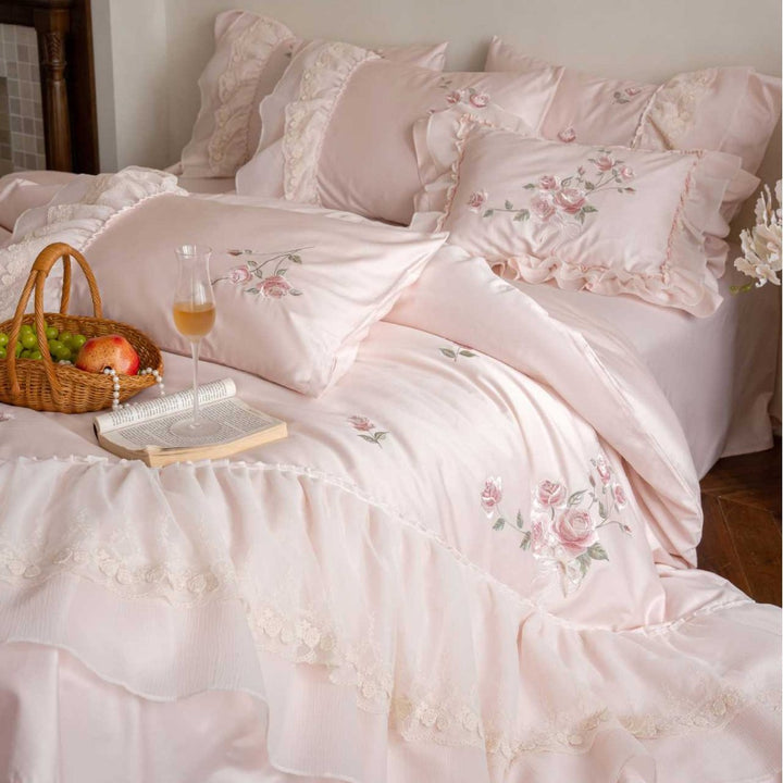 Ruffled Embroidered Cotton Sateen Duvet Cover Set with Layered Bedskirt & Lace-Trim Pillow Shams