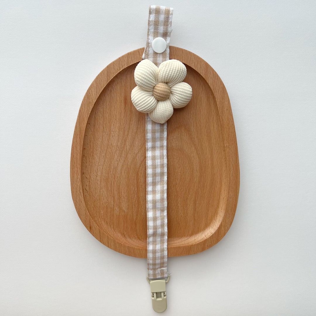 Gingham Cotton Pacifier Lanyard with Padded Ribbed Flower and Quick-Release Clip