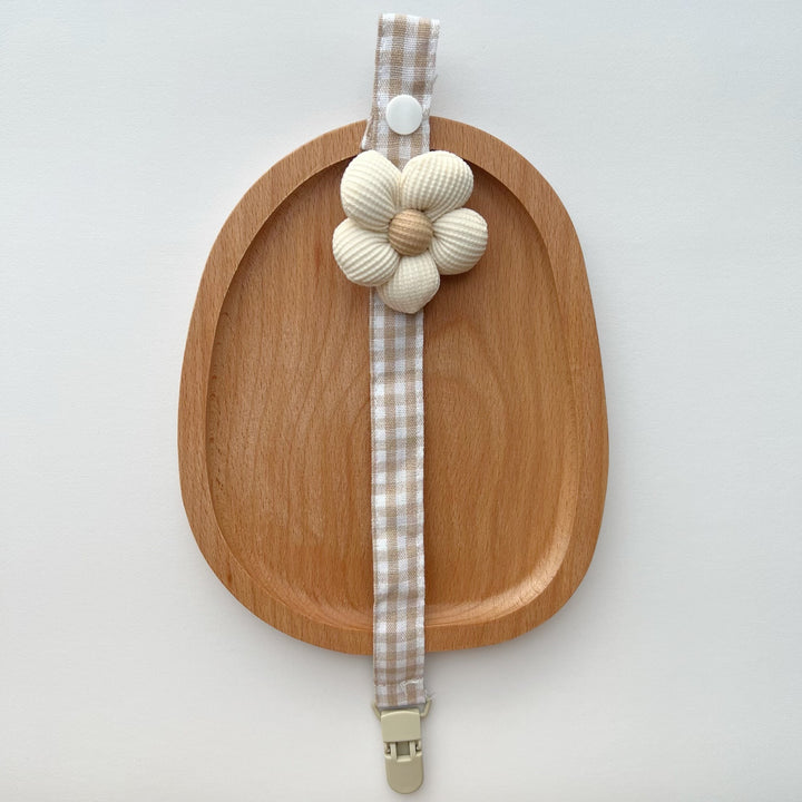 Gingham Cotton Pacifier Lanyard with Padded Ribbed Flower and Quick-Release Clip