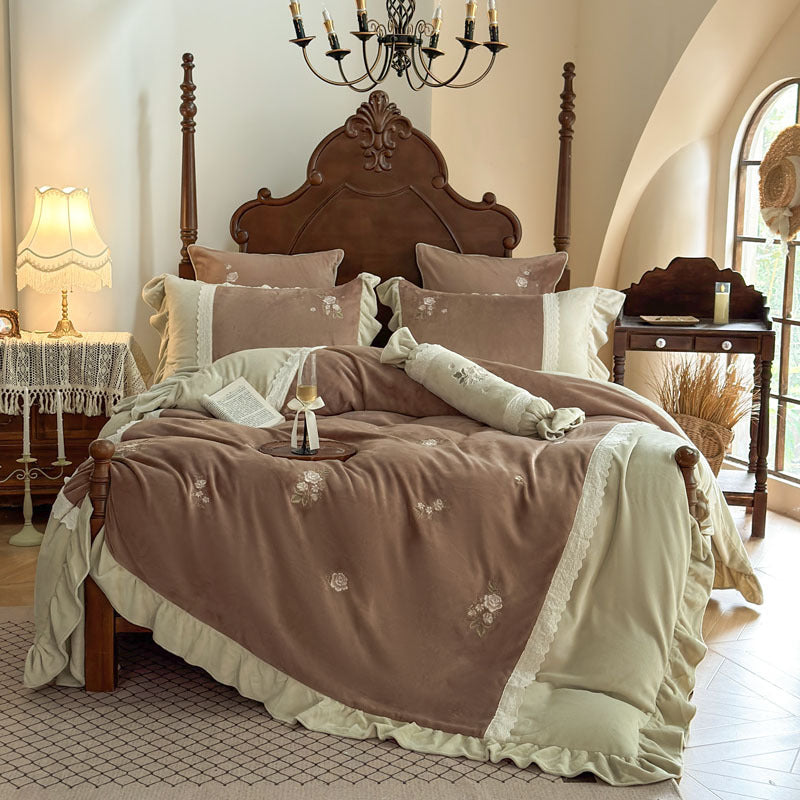 Embroidered Ruffled Velvet-Feel Reversible Duvet Cover and Pillow Sham Ensemble