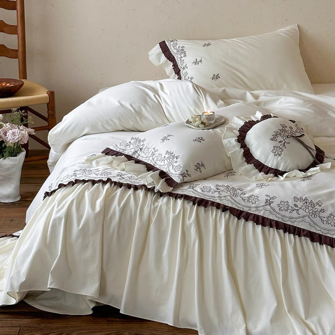 Embroidered Floral Sateen Duvet Cover with Ruffled Bed Skirt and Decorative Shams