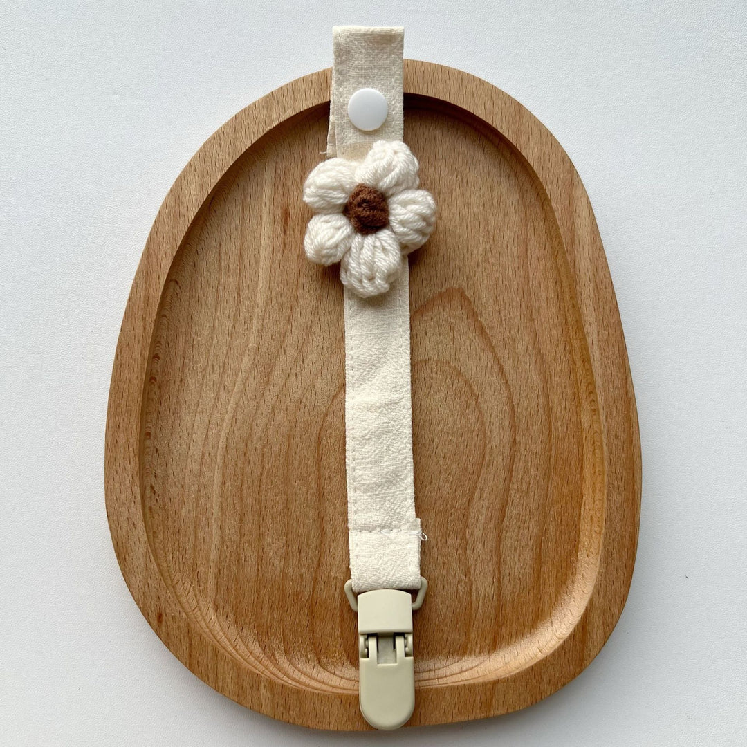 Crocheted Flower Pacifier and Teether Clip with Organic Cotton Strap