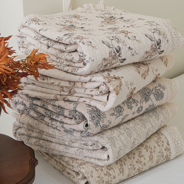 Hand-Quilted Vintage Floral Cotton Bedspread & Crochet-Edged Pillow Sham Set