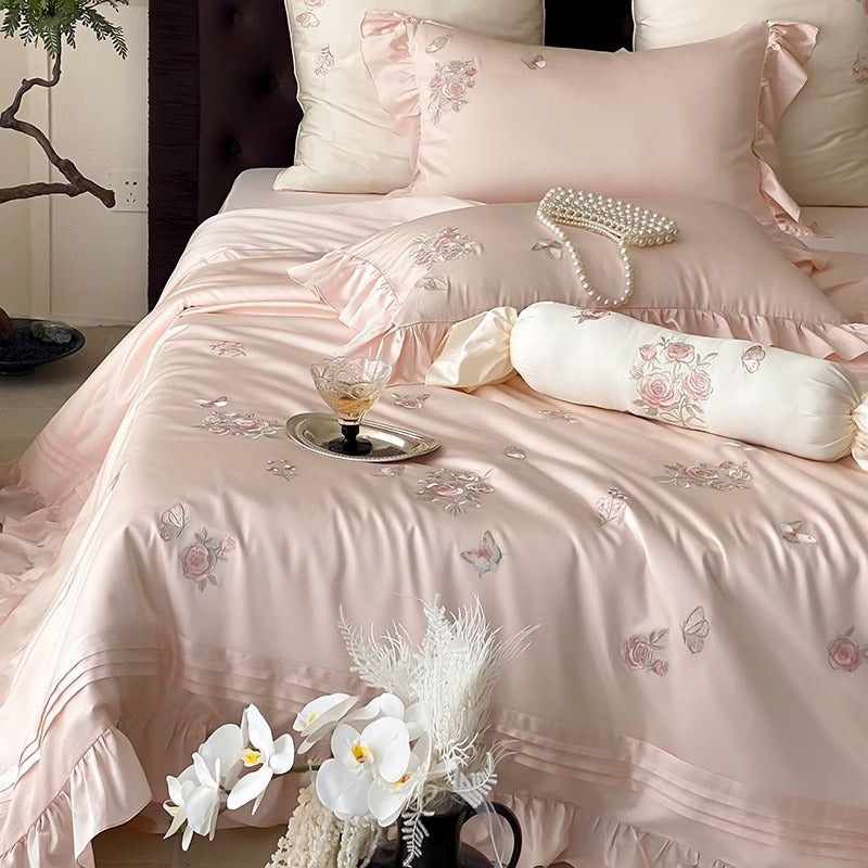 Satin-Effect Embroidered Rose Duvet Cover Set with Ruffled Hem & Decorative Shams