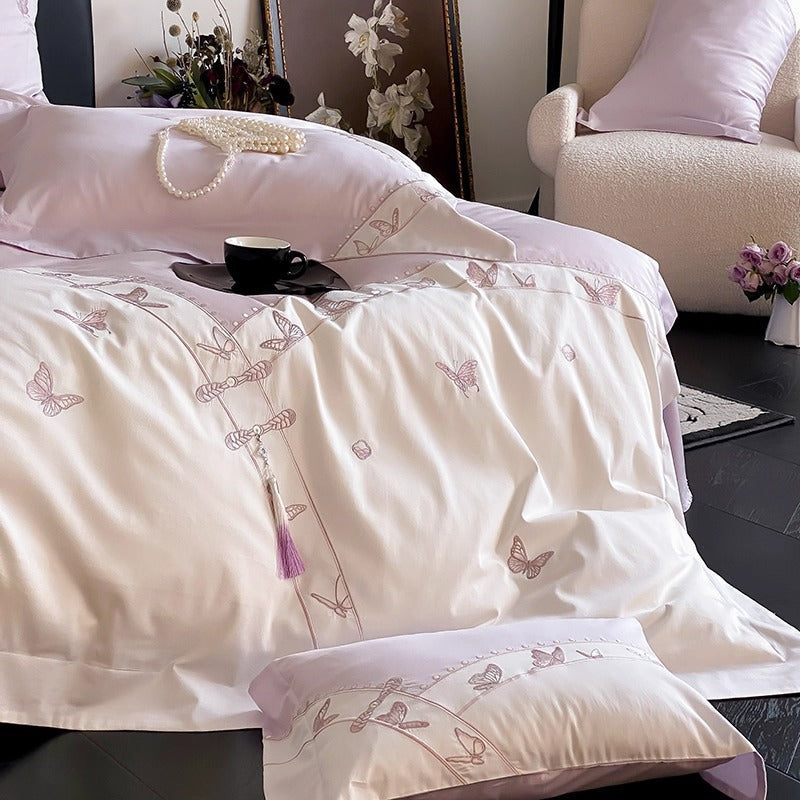 Butterfly-Embroidered Satin-Feel Cotton Sateen Duvet Cover Set with Decorative Shams