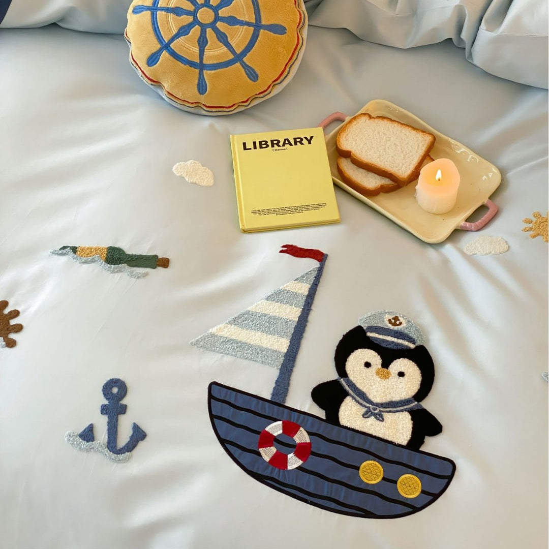Children's Nautical Embroidered Cotton Duvet Cover Set