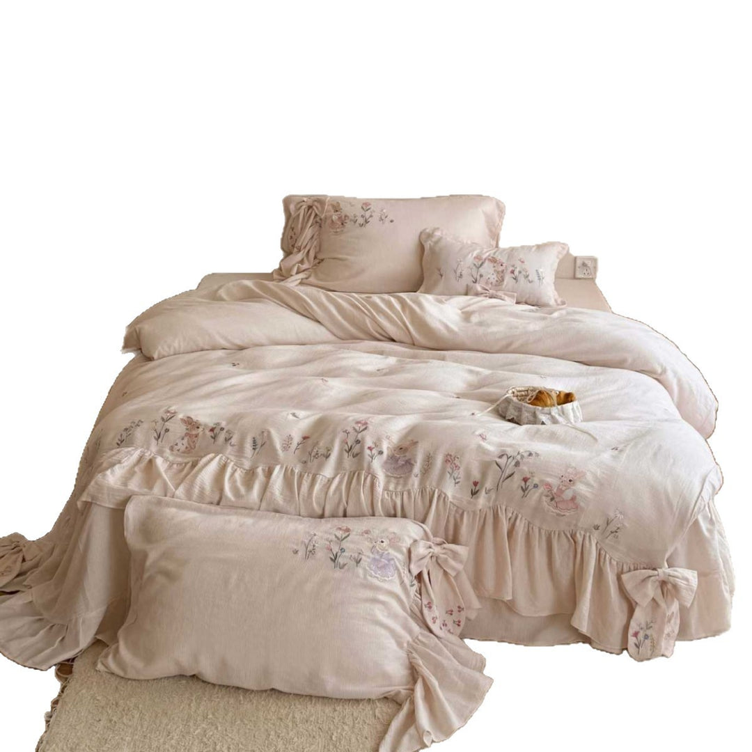 Boho Romantic Ruffled Cotton Duvet Cover with Hand-Embroidered Floral Motifs