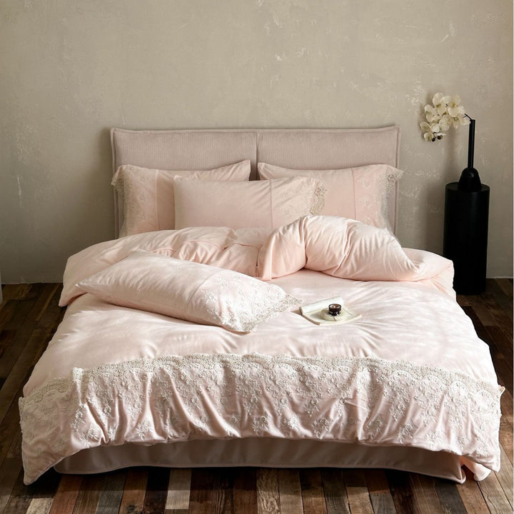 Luxurious cotton satin bedding set with fine lace embroidery