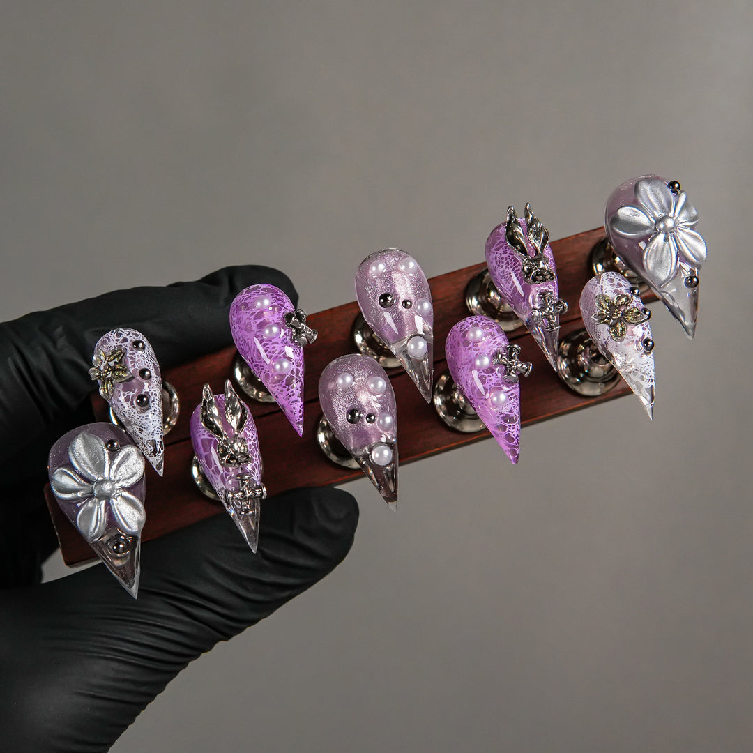 Decorative Stiletto Press-On Nails with Gem Accents