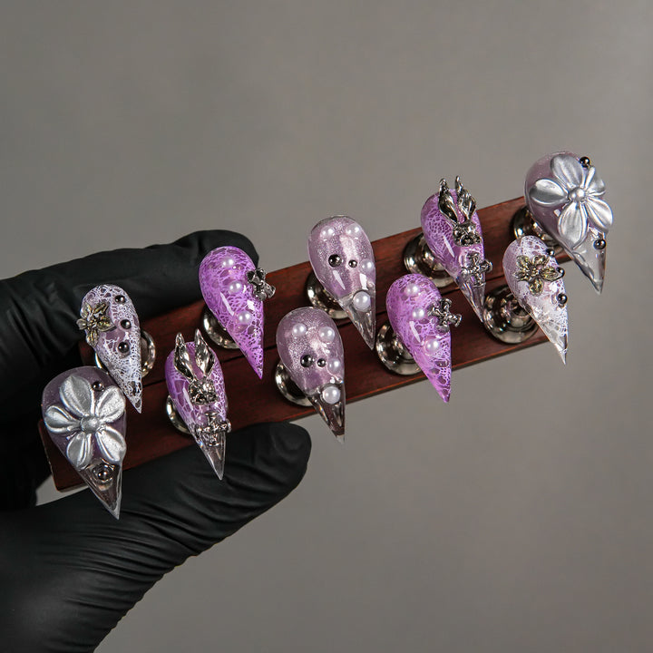 Decorative Stiletto Press-On Nails with Gem Accents