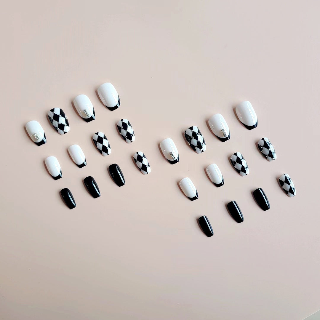 Acrylic Nail Set with Creative Checkerboard Design and Sparkling Accents Stornfield