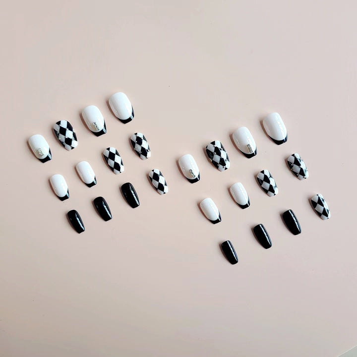 Acrylic Nail Set with Creative Checkerboard Design and Sparkling Accents Stornfield