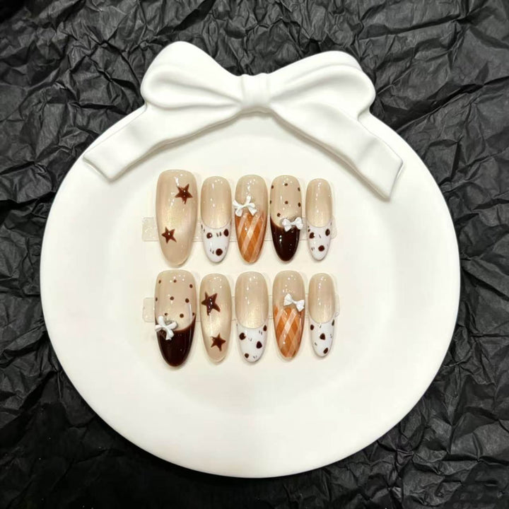 Decorative Press-On Nail Art Set with Unique Bow and Star Designs