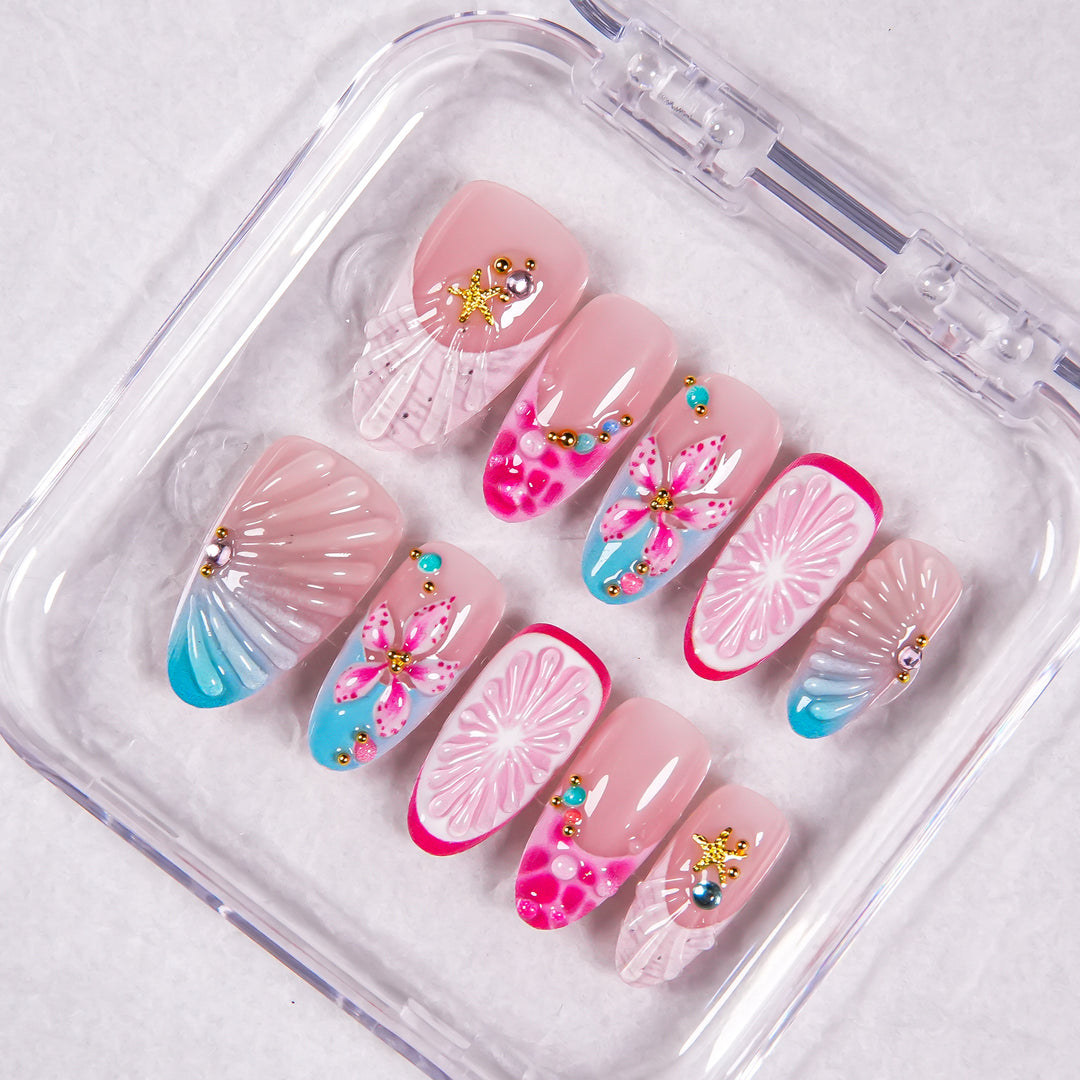 Artistic Press-On Nail Set with Floral Accents