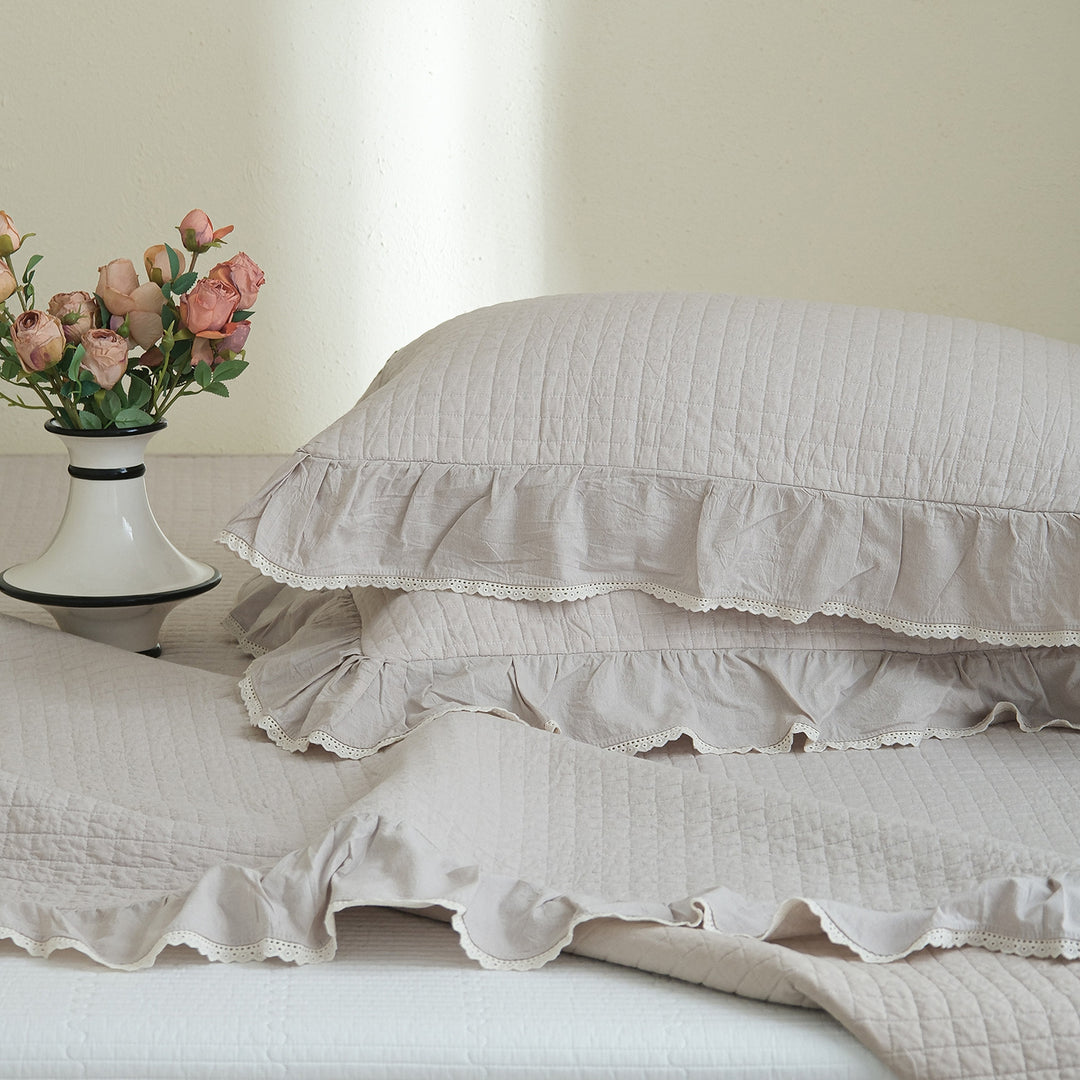 Quilted Cotton Bedspread Set with Ruffled Hem and Lace-Edge Pillow Shams