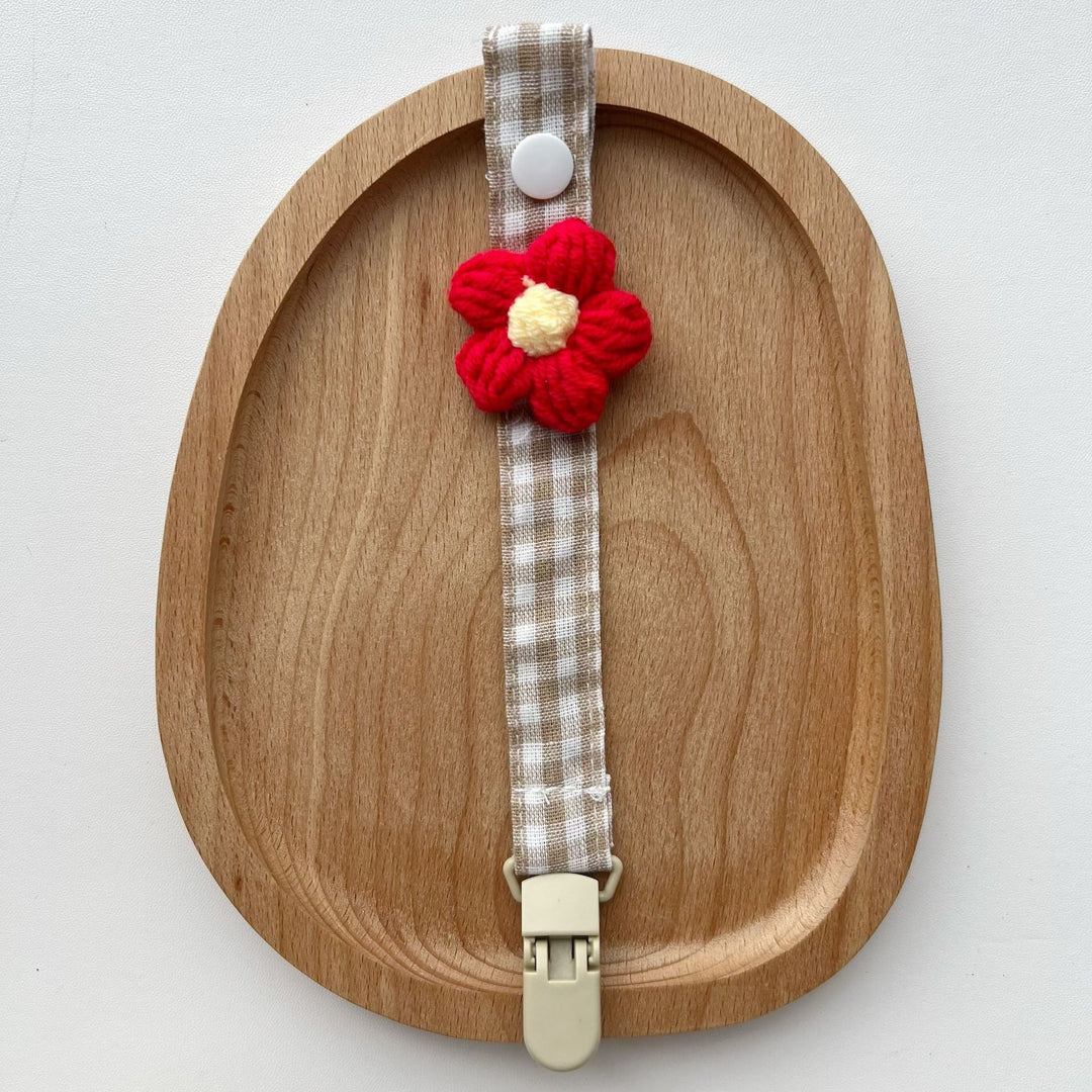 Gingham Linen-Style Crochet Flower Pacifier and Teether Clip