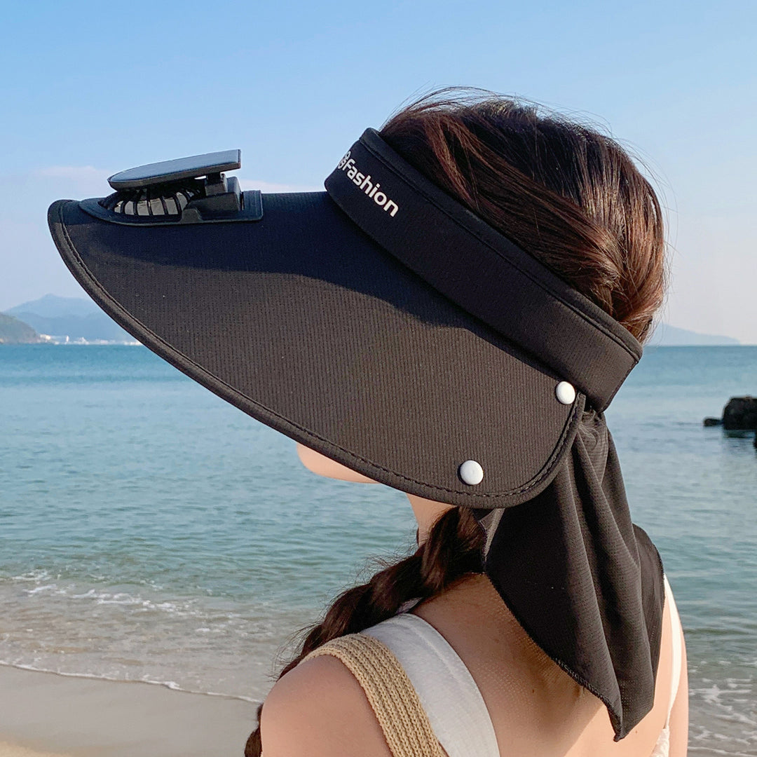 Visor with removable solar clip fan and UV protection neck strap Stornfield