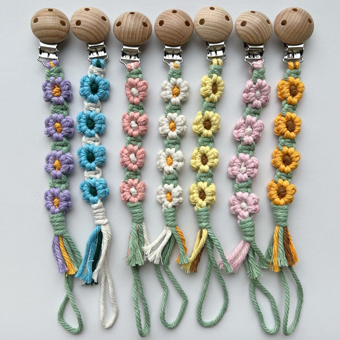Macramé Flower Pacifier Clip with Wooden Safety Clamp