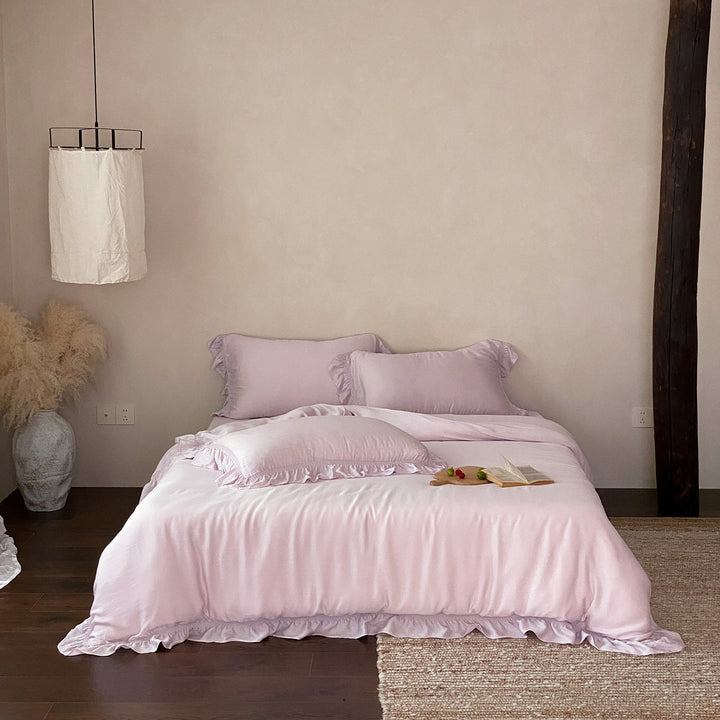 Washed Ruffled Linen Duvet Cover Set with Frilled Pillow Shams