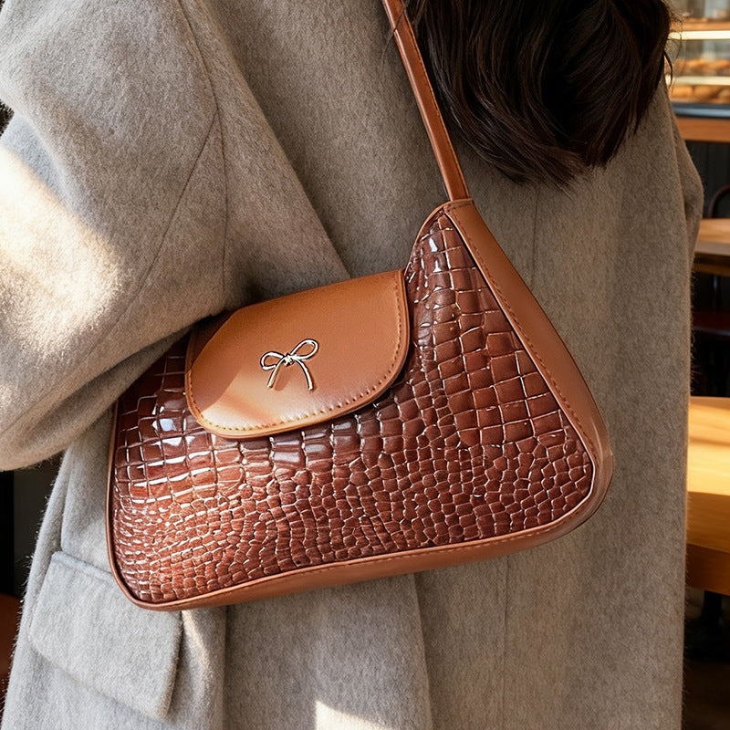 Crocodile-Textured Shoulder Handbag
