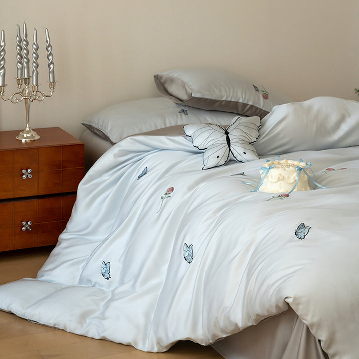 Silky bedding set with butterfly and rose embroidery