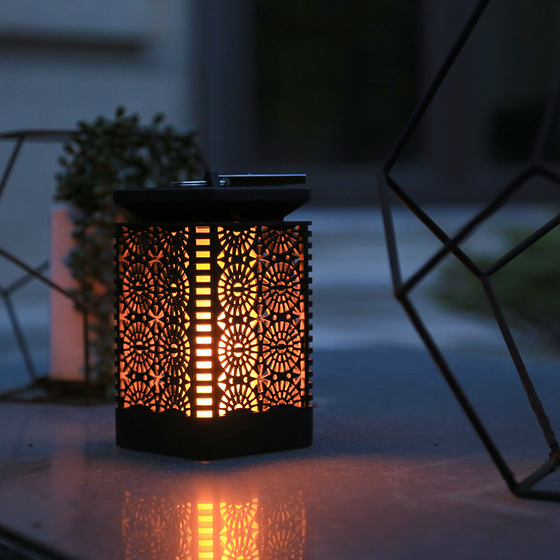 Decorative Solar-Powered Metal Lantern With Filigree Cutout And Flickering LED Flame Effect Stornfield