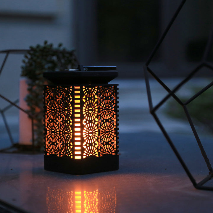 Decorative Solar-Powered Metal Lantern With Filigree Cutout And Flickering LED Flame Effect Stornfield