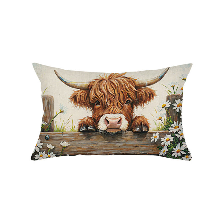 Decorative Rectangular Cotton-Linen Pillow Cover with Kitten Garden Illustration