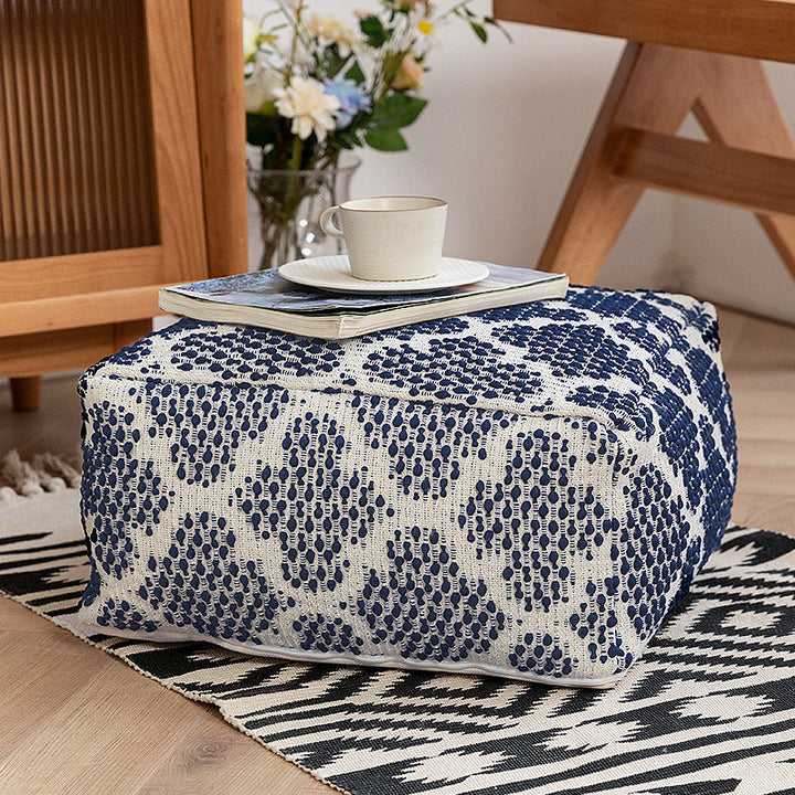 Boho seat pouf made of cotton fabric with fringes Stornfield