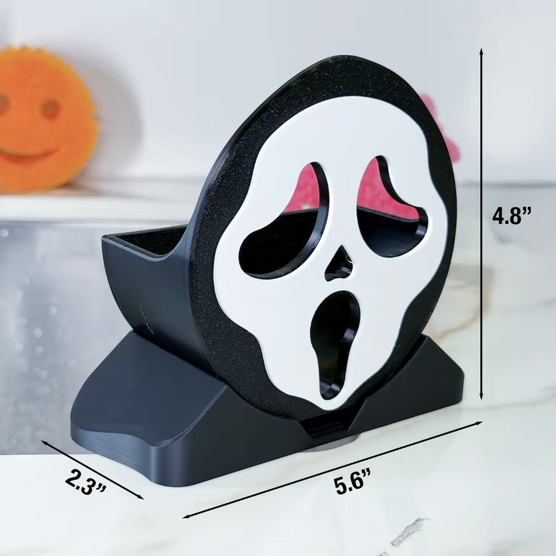 Freestanding sponge holder in skull design with storage compartment