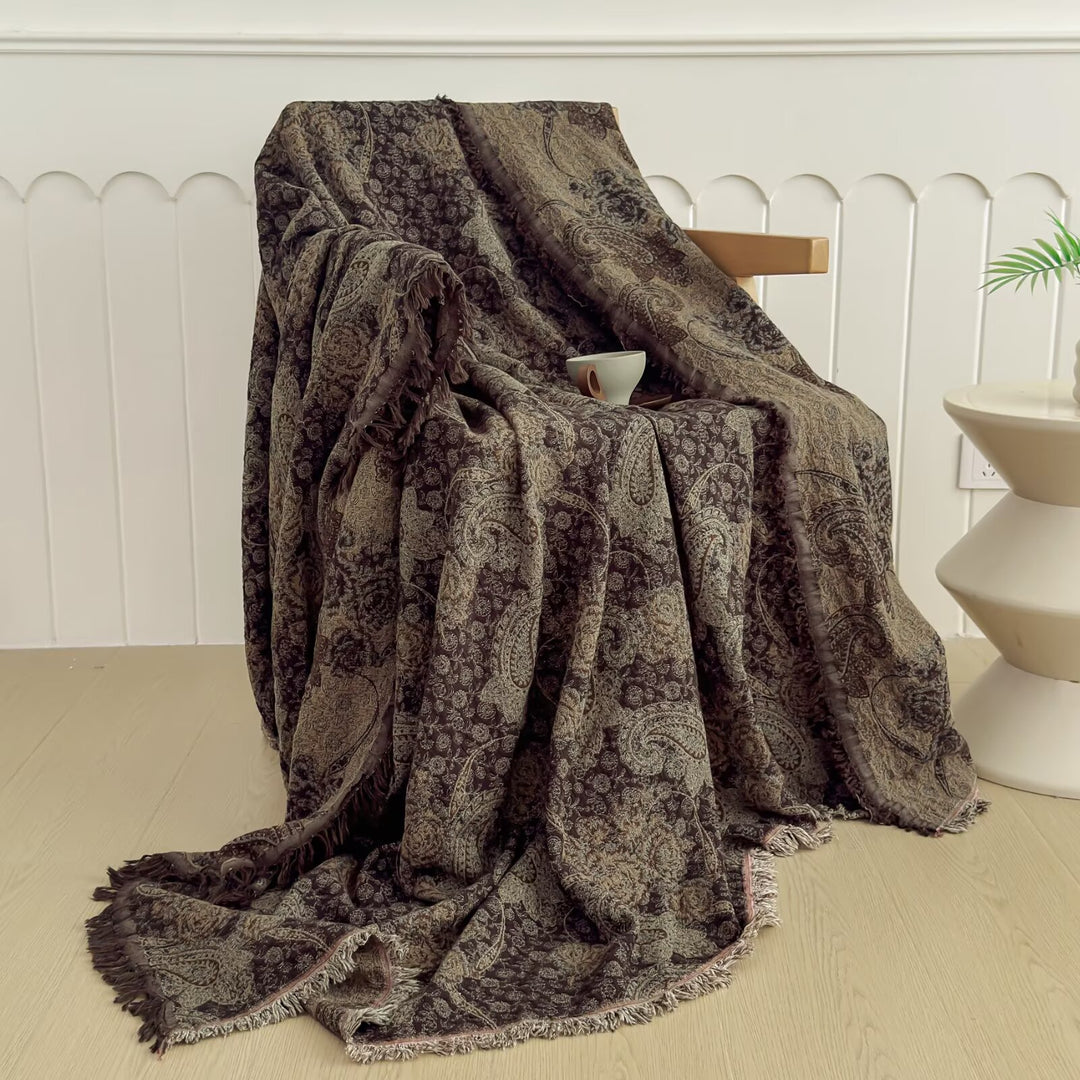 Oversized Jacquard Patchwork Floral Woven Throw Blanket with Fringed Edges