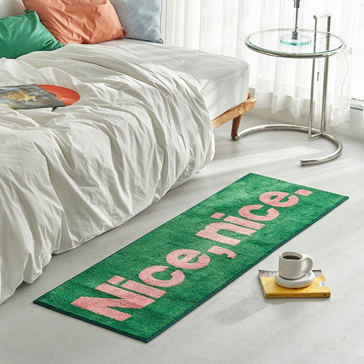 Long Chenille Runner Rug with Bold Green Typographic Slogan