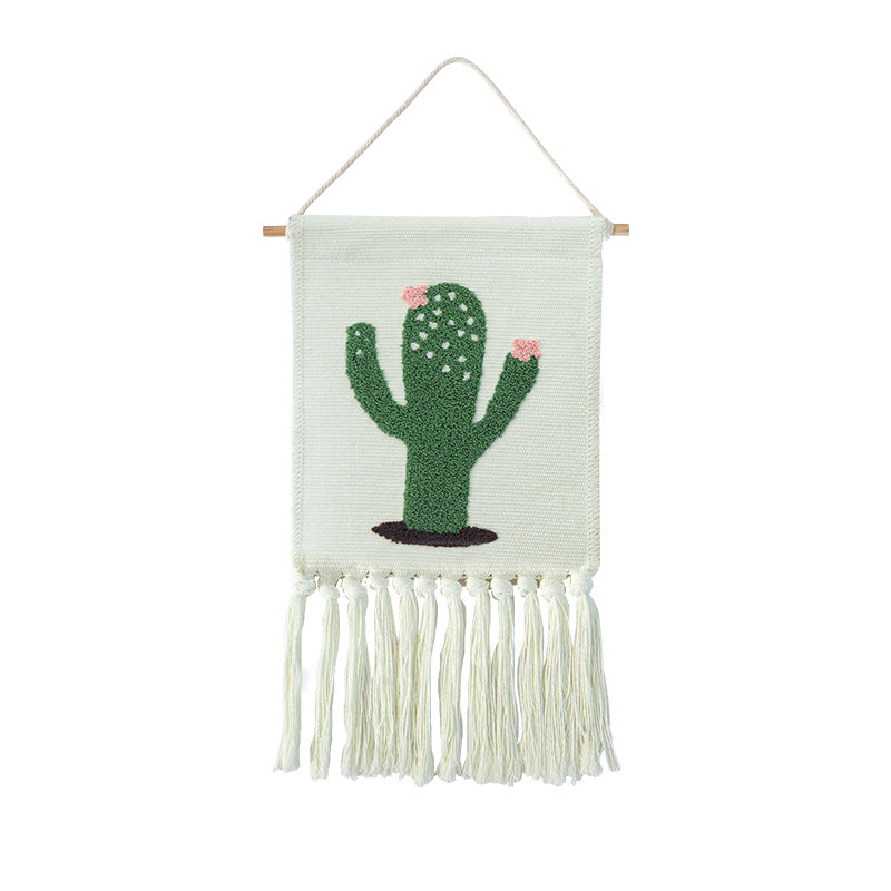 Woven cotton blend wall hanging with tufted cactus motif and cotton fringes Stornfield