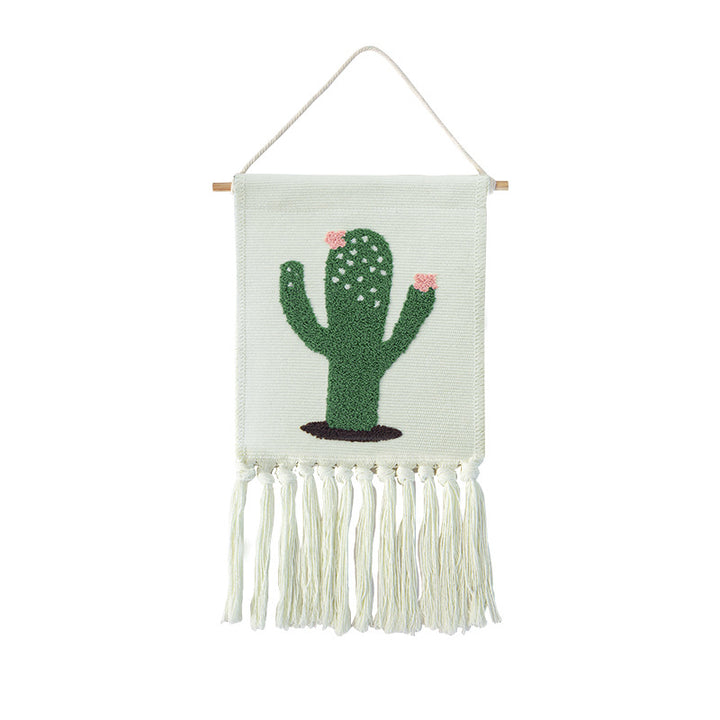 Woven cotton blend wall hanging with tufted cactus motif and cotton fringes Stornfield