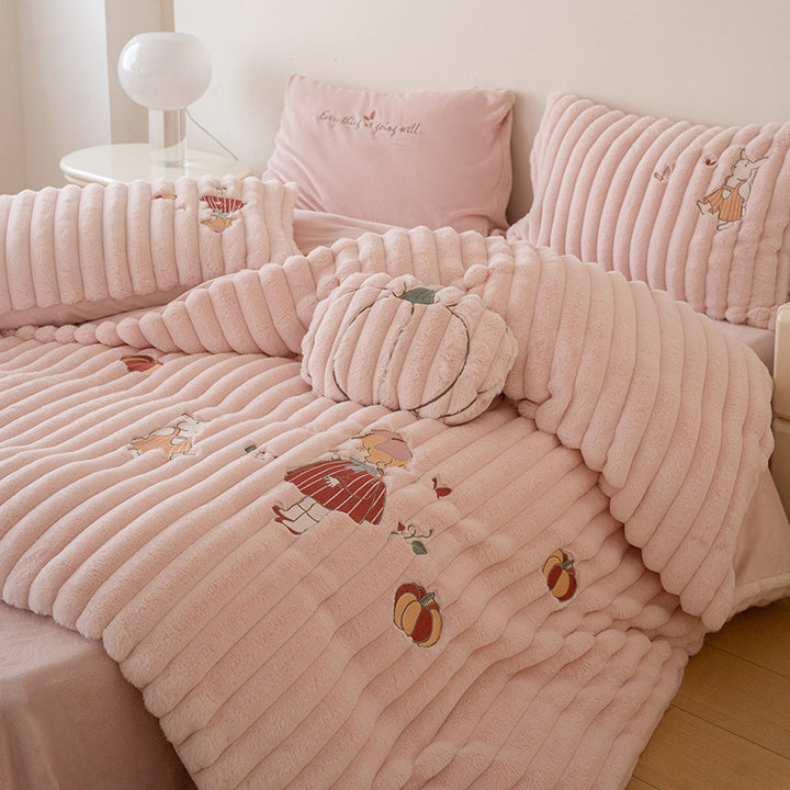 Plush Ribbed Corded Duvet Cover Set with Embroidered Whimsical Motifs