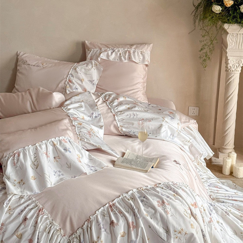 Ruffled Floral Cotton Sateen Duvet Cover Set with Pillow Shams and Bed Skirt