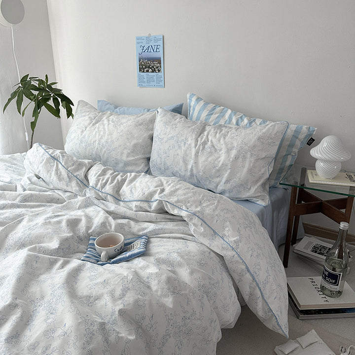 Cotton Floral Duvet Cover Bedding Set with Fitted Sheet and Pillowcases