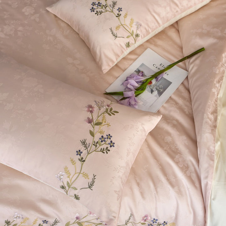 Botanical Jacquard Cotton Sateen Duvet Cover Ensemble with Delicate Sprig Embroidery and Envelope Pillowcases