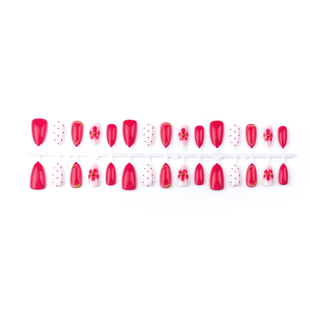 Artistic Press-On Nail Set with Floral and Dot Designs