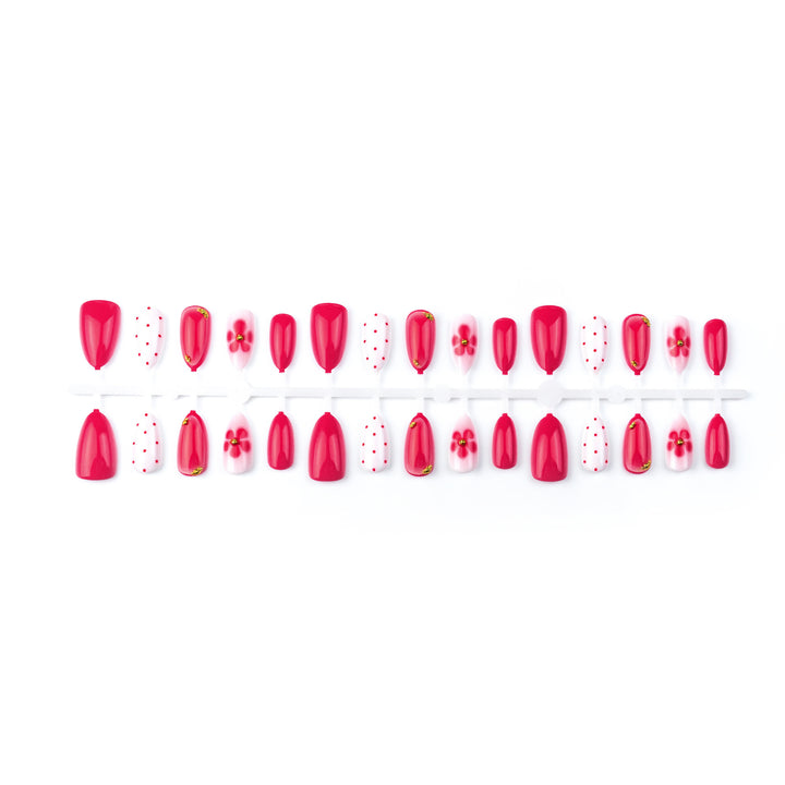 Artistic Press-On Nail Set with Floral and Dot Designs