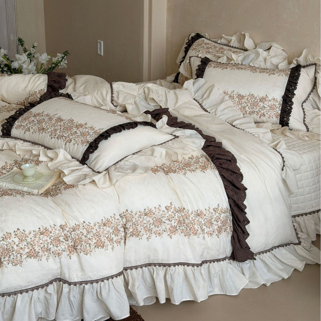 Floral Ruffled Cotton Linen Quilted Duvet Cover Set
