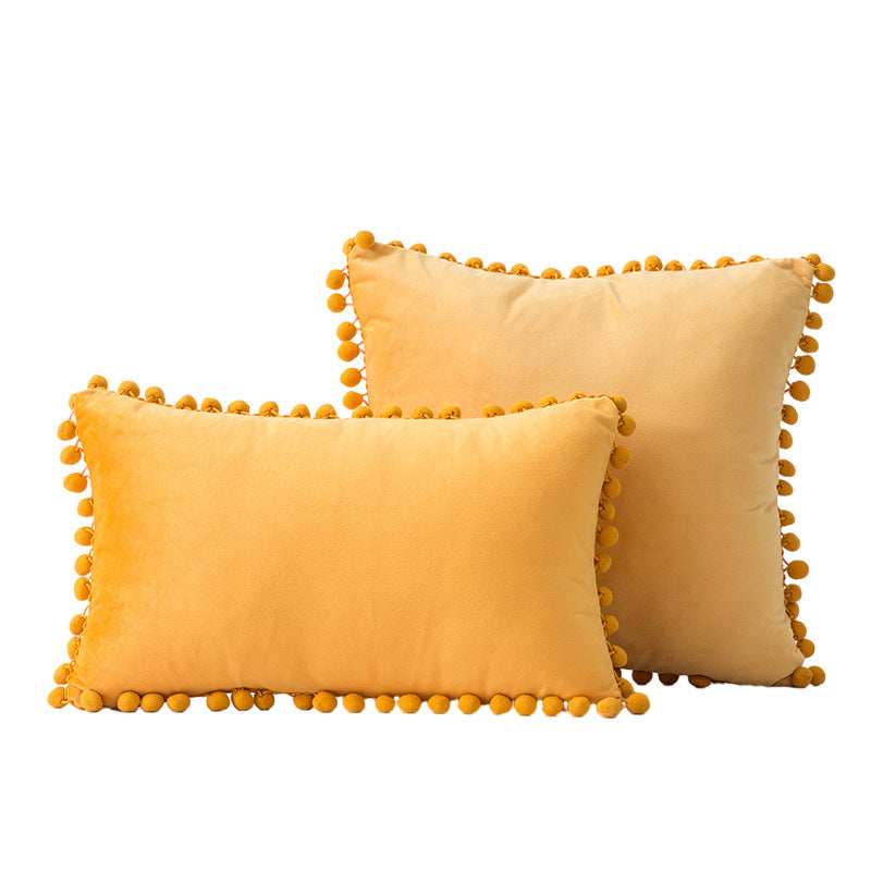 Velvet Pom-Pom Fringe Square and Lumbar Decorative Throw Pillow Set