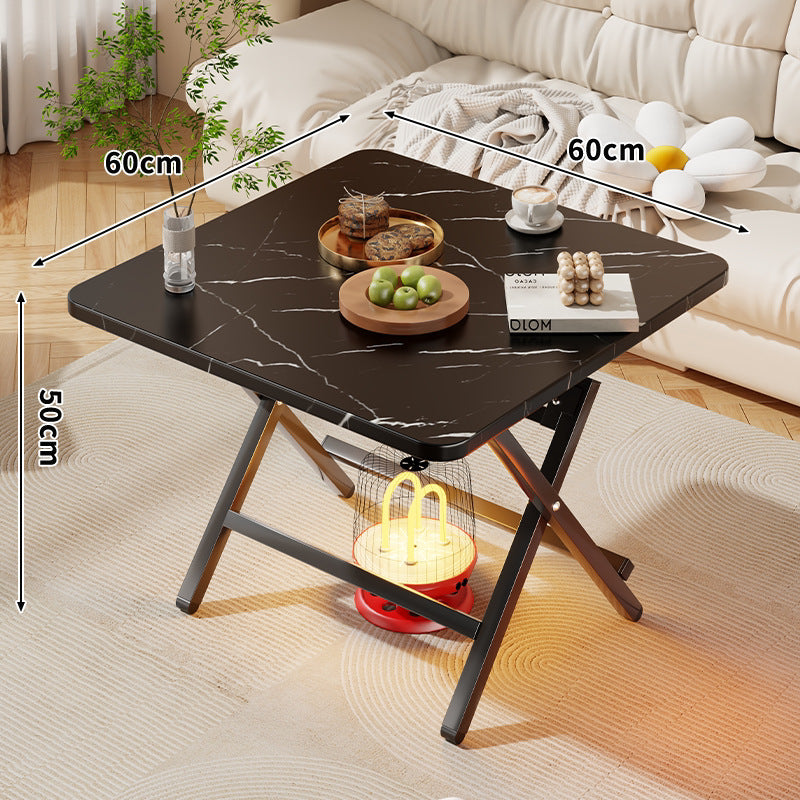 Square Foldable Marble-Effect Coffee Table with Cross-Leg Metal Frame