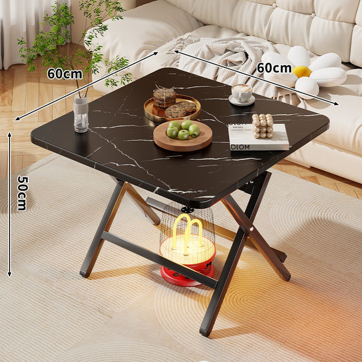 Square Foldable Marble-Effect Coffee Table with Cross-Leg Metal Frame