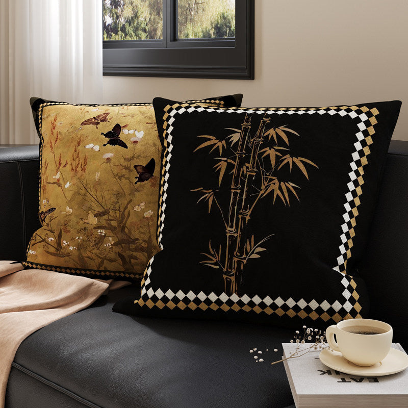 Botanical Sketch Velvet Square Throw Pillow Cover with Zebra-Trim Hidden Zipper