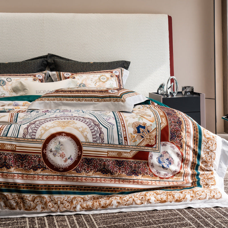Luxury Baroque Satin-Feel Duvet Cover Set with Ornate Medallion Print